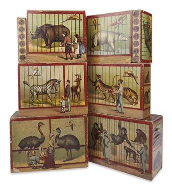 (TOYS.) [McLoughlin Bros.?] Set of 8 zoo-animal themed ABC picture blocks.